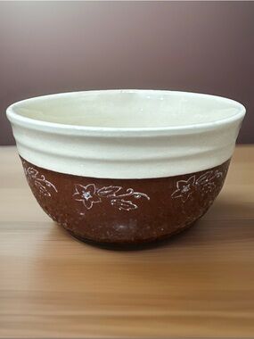 Vintage Oxford Stoneware Bowl Brown Cream Floral Rustic Farmhouse Mixing Bowl 7”